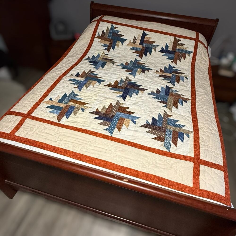 Handmade Quilt Throw Patchwork Star Pattern Cream Blue Rustic Cottage Bed Topper
